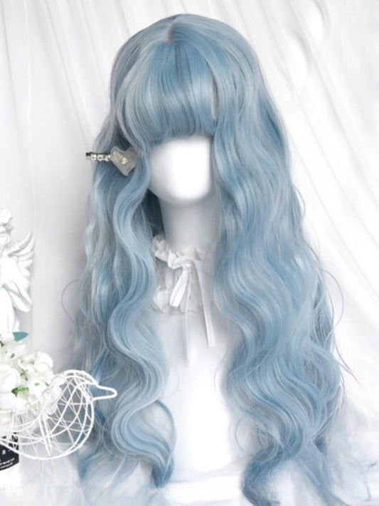 Light Blue Under Bust Length Wavy Wig With Full Bangs