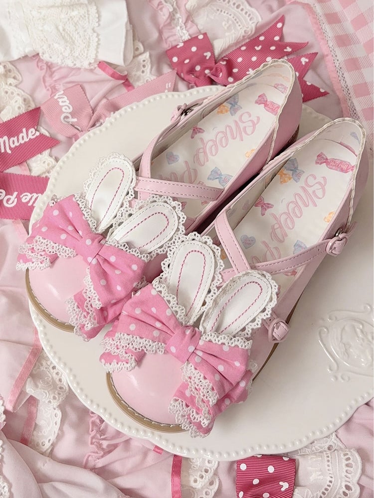 Muster Bunny Polka-dot Lolita an Ohr Schuhe Crisscross Bow Pink Top Design
