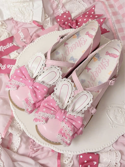 Muster Bunny Polka-dot Lolita an Ohr Schuhe Crisscross Bow Pink Top Design