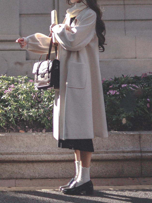 Double Breasted Design Notched Collar  with Long Woolen Coat White