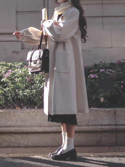 Double Breasted Design Notched Collar  with Long Woolen Coat White