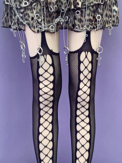 Cut-out Rock Black/Red/White Suspender Punk Design Stockings