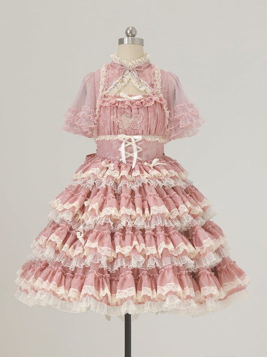 Rosa Kleid Goldfisch Lolita mit Stickerei und süßen Details Rüschen Stufenspitze