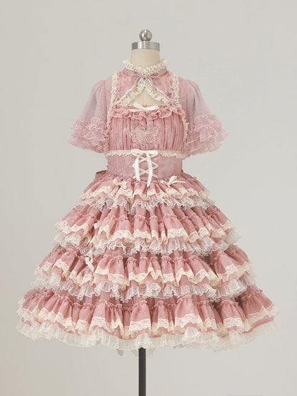 Lolita Ruffles Embroidery with Pink Lace Goldfish Details Dress Sweet and Tiered