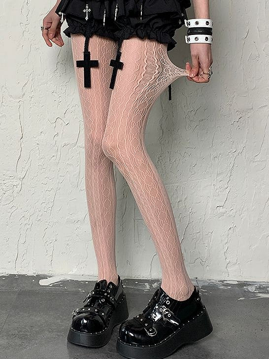 Punk Light Wasteland Tights Hollow-out Pink Design Striped Y2K