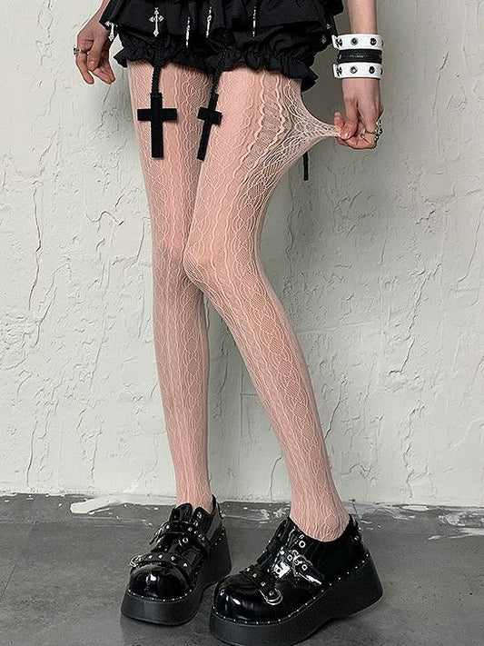 Punk Light Wasteland Tights Hollow-out Pink Design Striped Y2K
