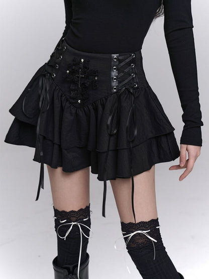 Lace Tiered Skirt Cross Black Lace-up Waist Studded