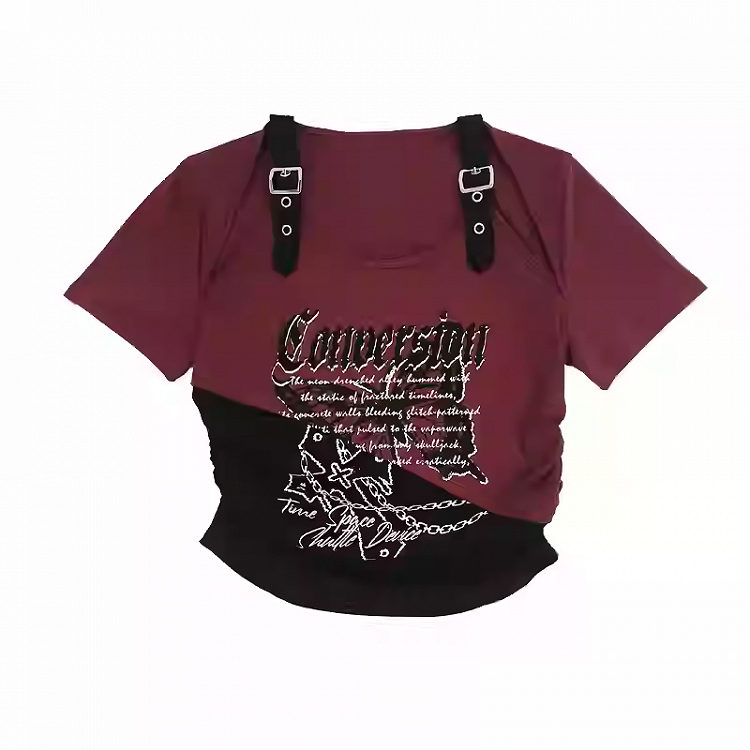 Butterfly Print T-Shirt Short Colorblock Cutout Shoulder Version Red/Pink/Purple Y2K