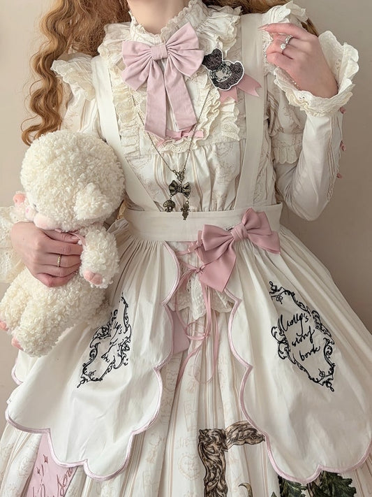 Lolita Scallop Pink Creamy Trim Apron with White Embroidered Sweet