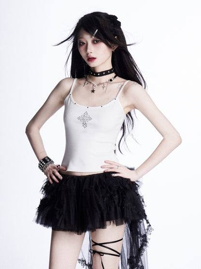Cami Top White Rhinestones Embellished Cross Glamorous