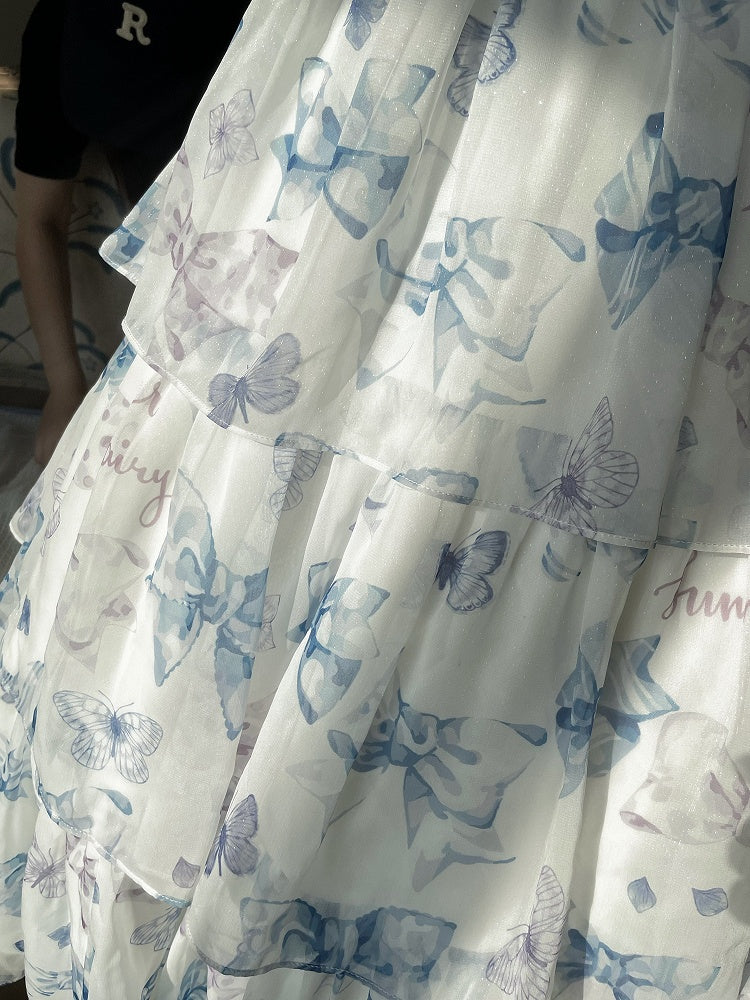 Robe Lolita d'été bleue taille haute avec imprimé nœuds et jupe à volants