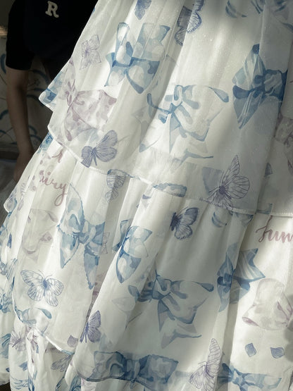 Robe Lolita d'été bleue taille haute avec imprimé nœuds et jupe à volants