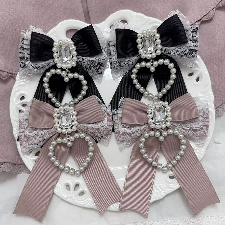 Jirai Kei Rhinestone Beaded Heart Charm Lace Accents Bowknot Hairclips