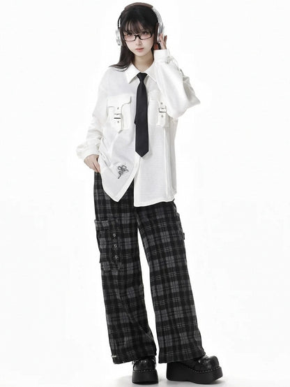 White Snake Buckle Strap Pockets Shirt with Free Tie