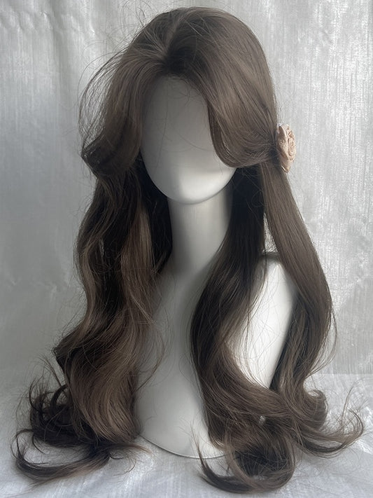 Brown Waist Length Wavy Wig With Curtain Bangs
