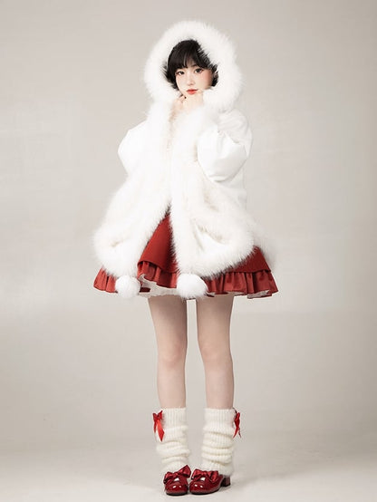 White Plush Trimmed Hooded Winter Cape Coat