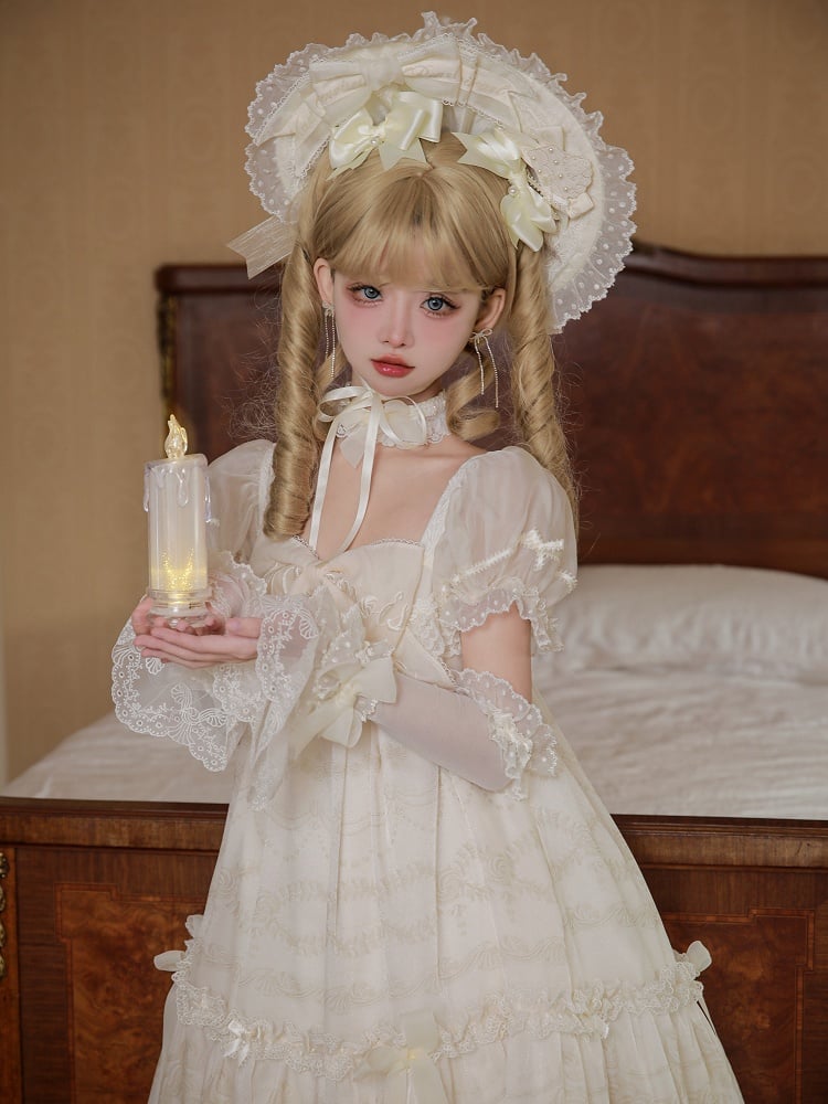 Sleeves Embroidered Print Bow Cream Neckline Dress Puff Lolita White Big Creamy