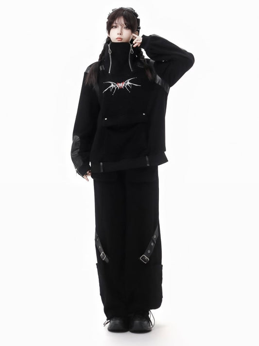 Gothic Black Buckles Cargo Pants with Drawstring Cuff