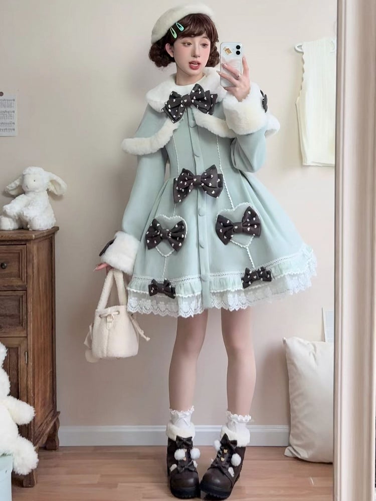 Mint Green Bow Accents Cape Lolita Coat with Lace Trim