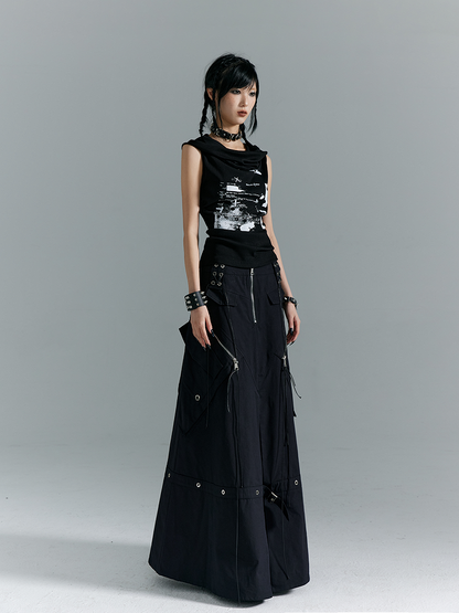 Black A-Line with Buckles Punk Pockets Metal Skirt Zippered