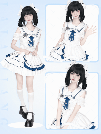Shoulder Top Cutout Skirt White with Tiered and Sailor Collar