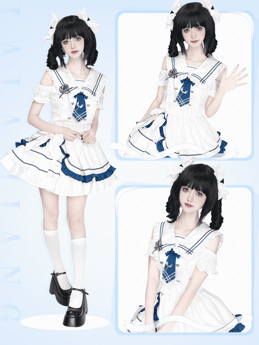 with Tiered Sailor Collar Cutout Shoulder Top Skirt White and
