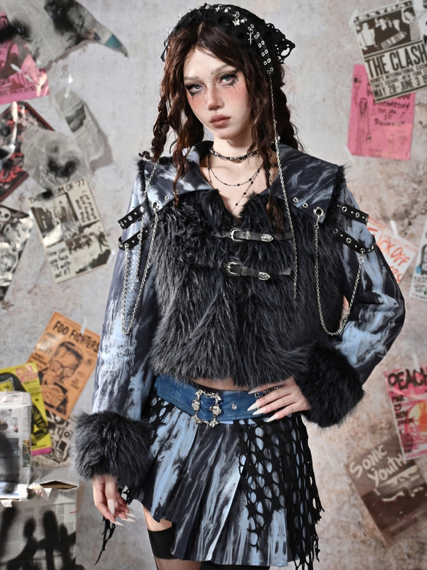 Grunge Punk Rock Blue Faux Fur Patchwork Jacket Chain Detail