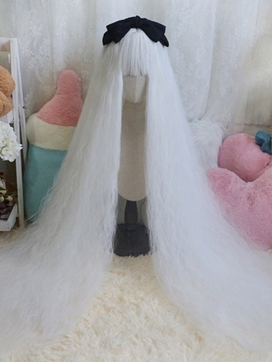 White Long Curly Wig With Full Bangs