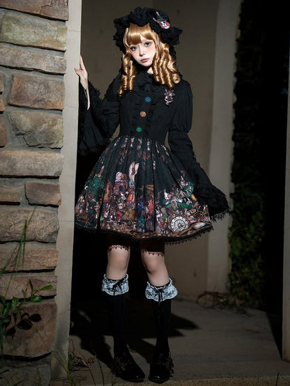 Black Square Neckline Dark Rabbit Print Lolita Jumper Skirt