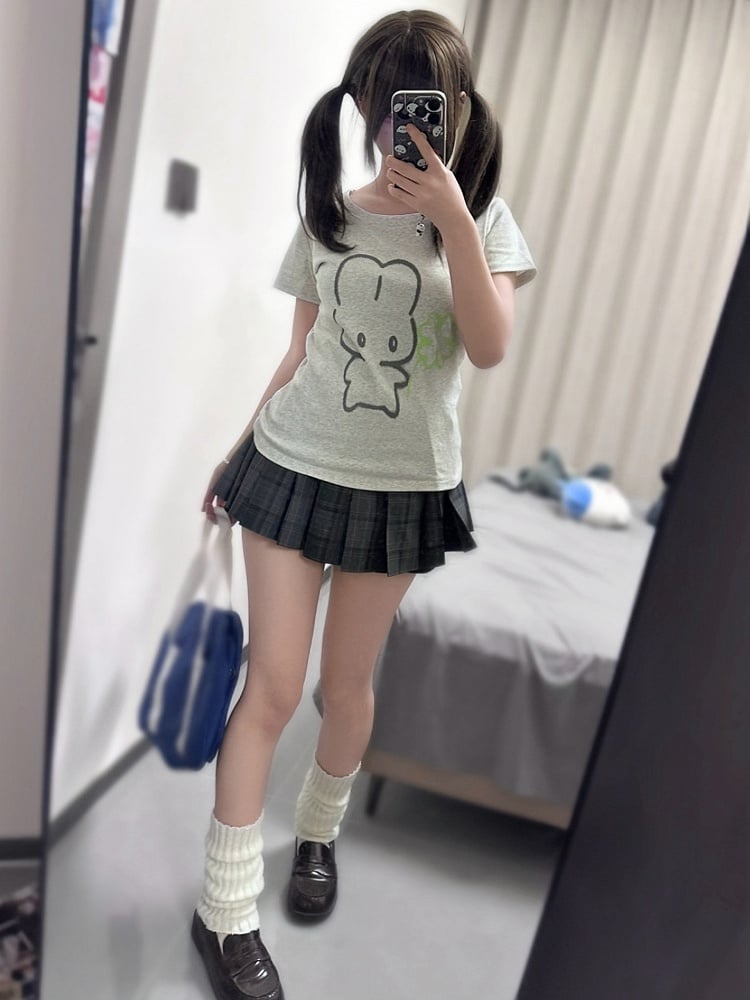 T-shirt Print Jirai Puppy Kei Gray Neck Round