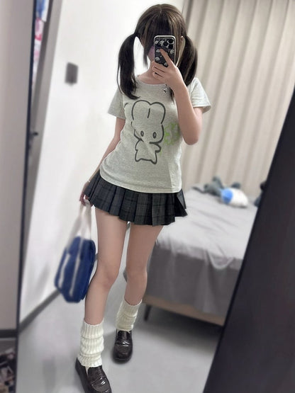 T-shirt Print Jirai Puppy Kei Gray Neck Round