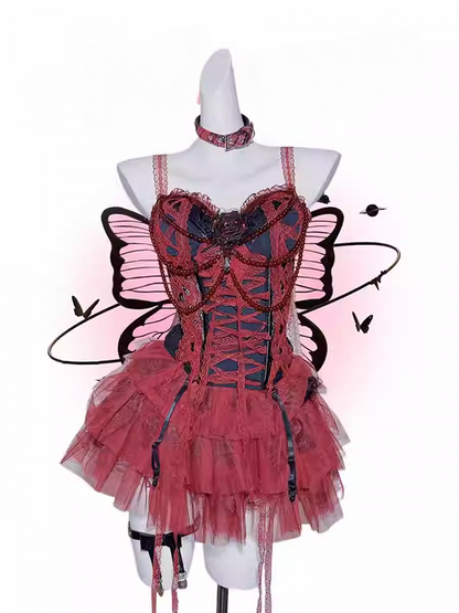 Gothic Black&Red Lace Trim Rosette Beaded Chain Corset Cami Top+ Tiered Skirt