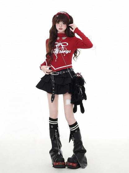 Print Cutout Bowknot Curved Hem Top Red/Black Mock Wing-shaped Vintage Neck