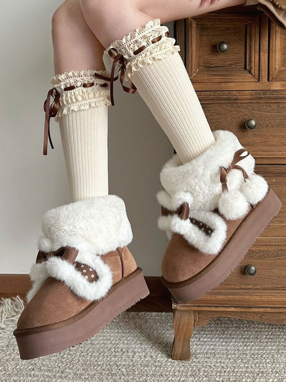 - Boots Dark Brown Snow Bunny Ears Sweet Lolita Dot Polka Platform Plush