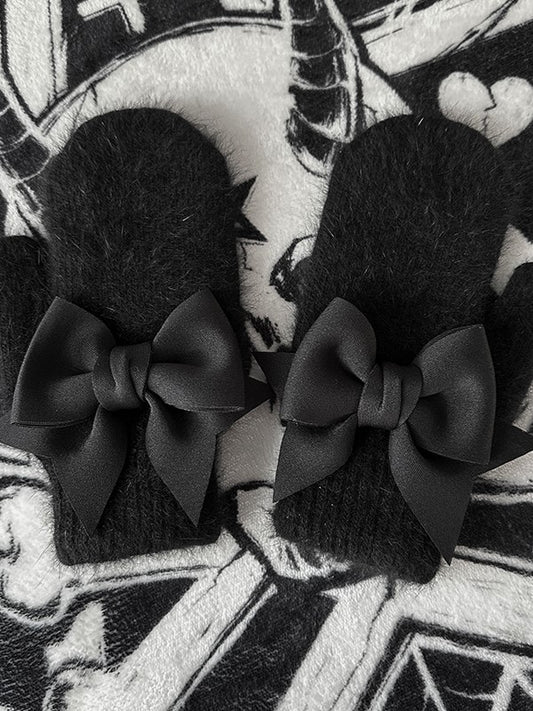 Gloves Bowknot Details Full-finger Black Gothic