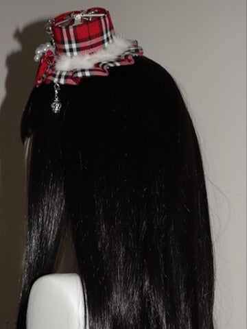 Bowknot Red Charm Mini Decorated Crown Pattern Plaid Hat Beaded