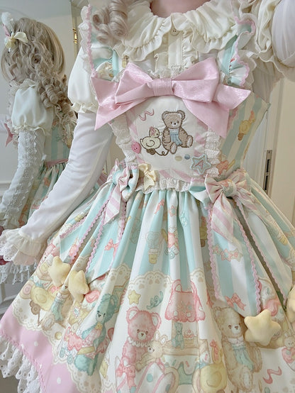 Pink and Green Teddy Print Sweet Lolita Jumper Skirt