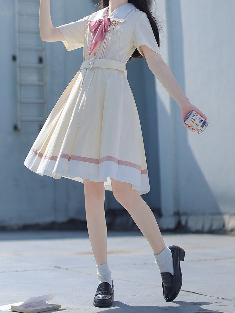 with Pleat Box Sailor Yellow Milk Waist Dress Skirt Collar Belt
