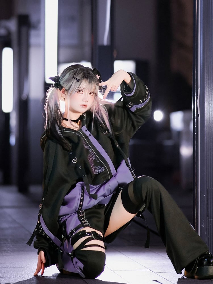 Cyberpunk Set: J-Style Coord Detachable Jacket Futuristic Purple Black and