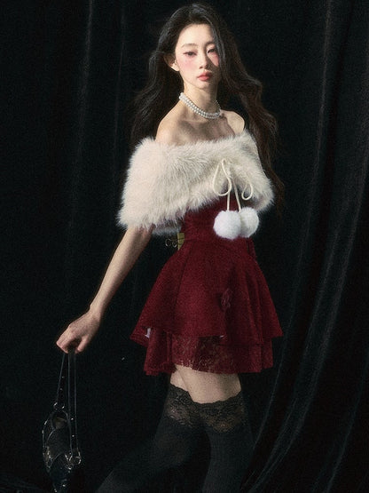 Roses Embellishments Christmas Wine Red Strapless Dress with Plush Shawl Set