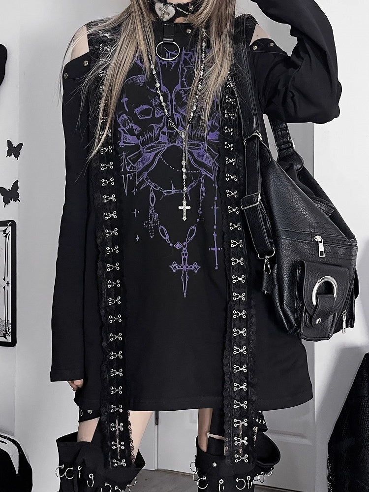 Shoulder Print BlackPurple And Cutout Top Emo Skeleton Punk Letter Long Sleeves