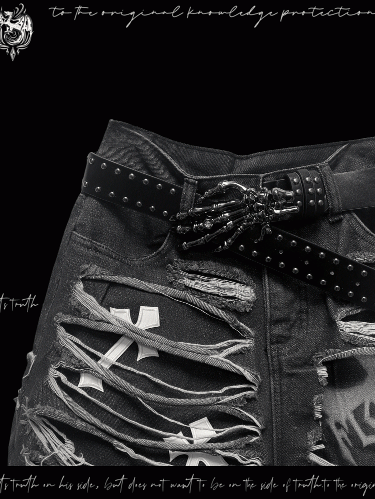 Denim Shorts Y2K Cross Appliques Distressed Holes Dark Gray Glamorous