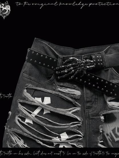 Denim Shorts Y2K Cross Appliques Distressed Holes Dark Gray Glamorous