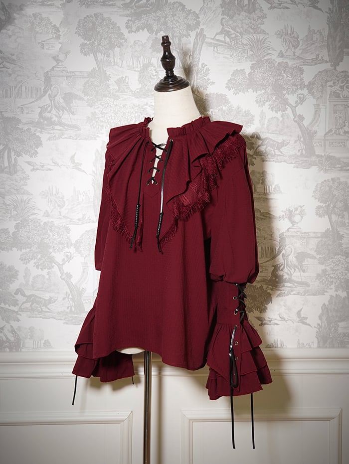 Ouji Red Lace-up Long Details Pirate Sleeves Vibes Shirt Lolita with