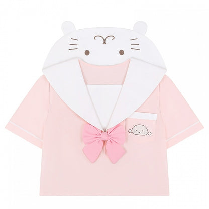 Little Seal Pink Sailor Collar JK Uniform Top with Free Bow Tie