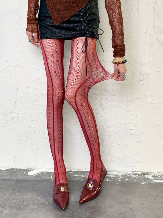 Wine Red Y2K Hollow-out Sheer Tights