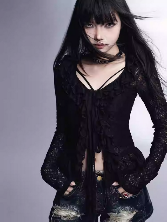 Cardigan with Top Ruffled Trim Lace Knitted Set V-neck Cami Black Hollow-out