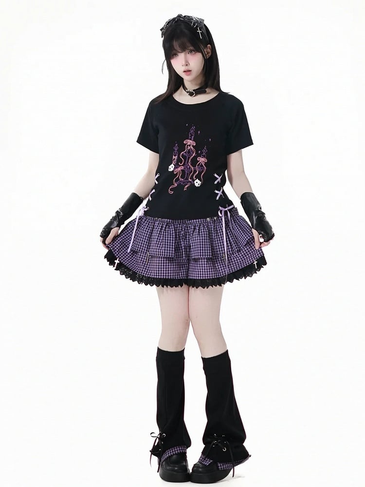 Y2K Purple Elastic Waist Lace Trim Plaid Skort