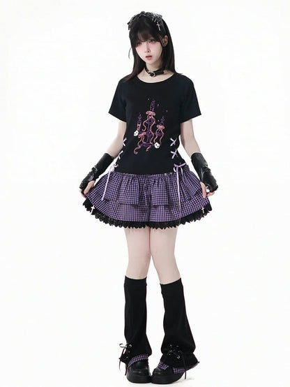 Y2K Purple Elastic Waist Lace Trim Plaid Skort