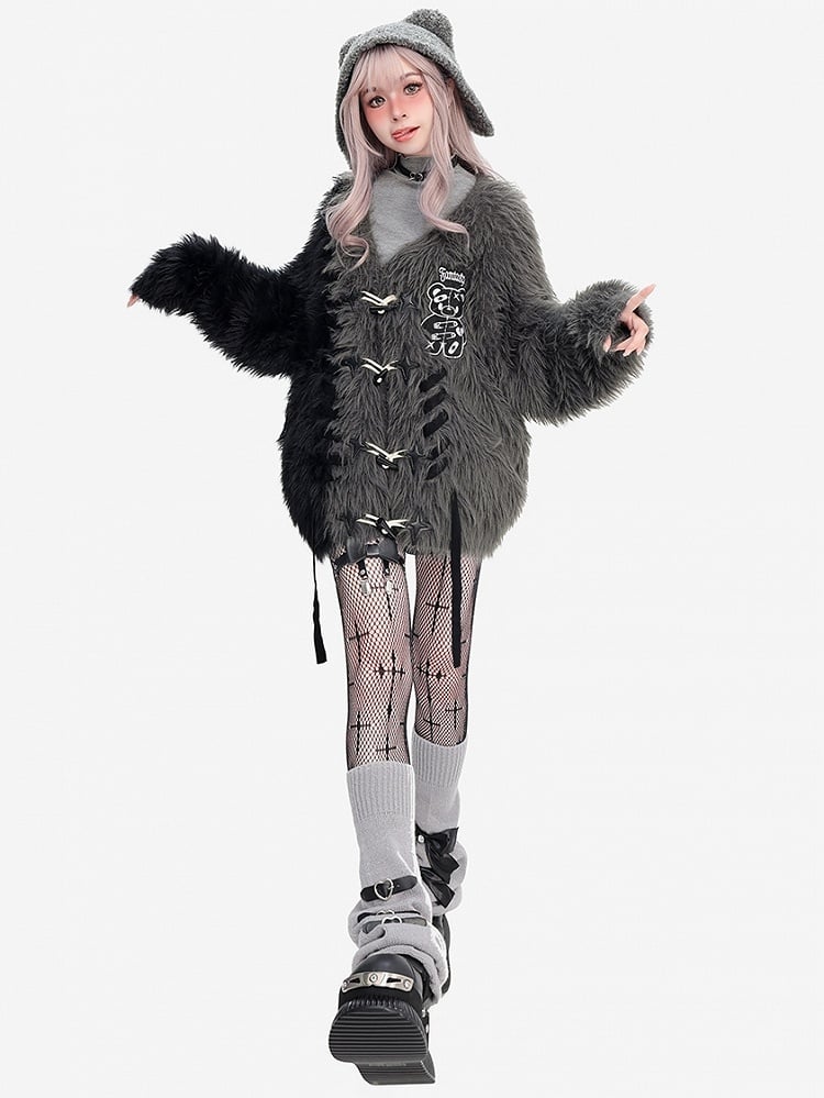 Black and Grey Colorblock Punk Bear Apllique Loose Cardigan